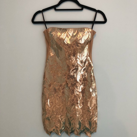 bebe Dresses & Skirts - Bebe Gold Sequin Dress with Petal Detail